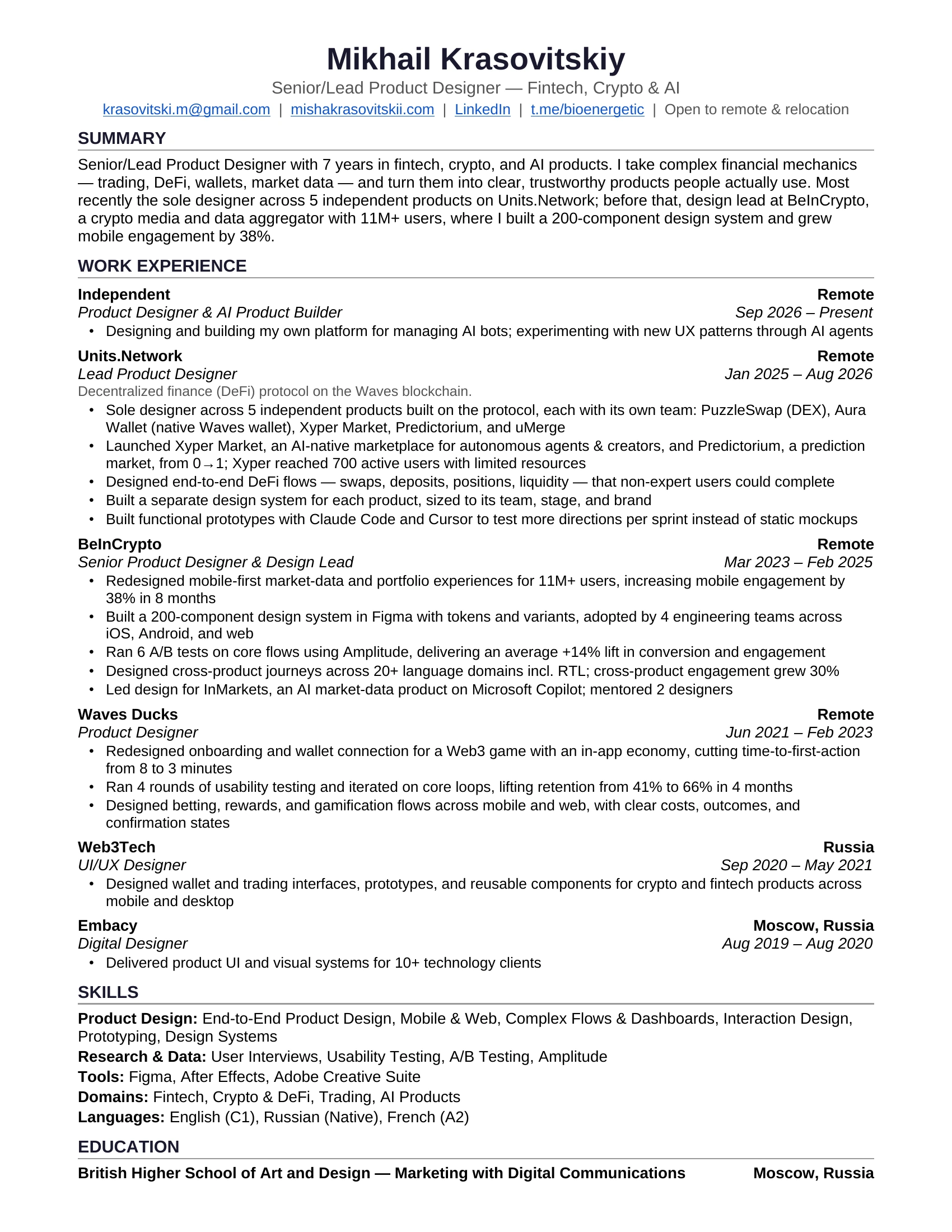 Résumé of Mikhail Krasovitskiy